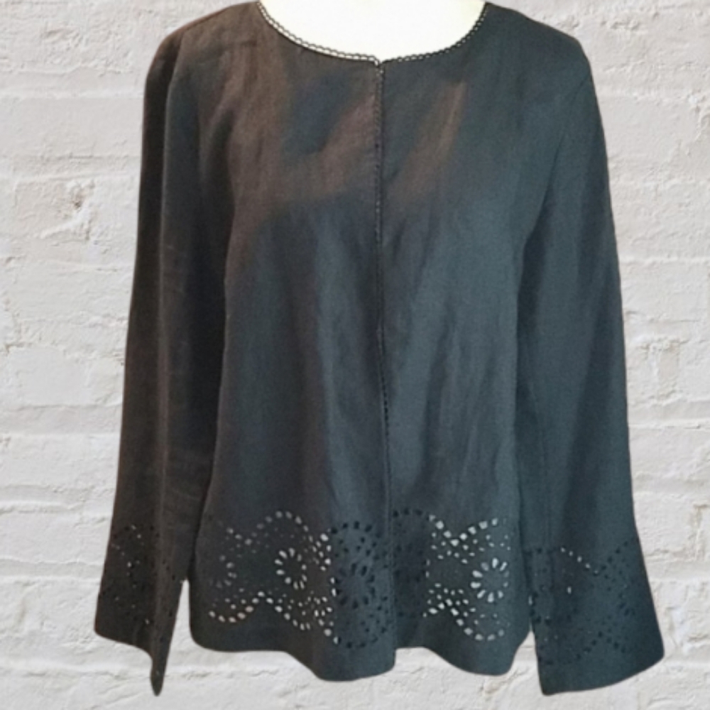 70. Laura Ashley jacket, collar-less black linen, laser cut, EUC - Picture 1 of 11
